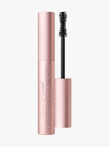 Too Faced Better Than Sex Mascara in branded component on a light gray background